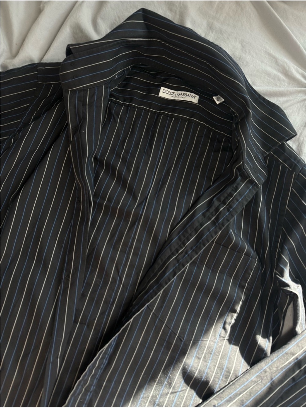 Dolce & Gabbana Black Shirt with White and Light Blue Pinstripes